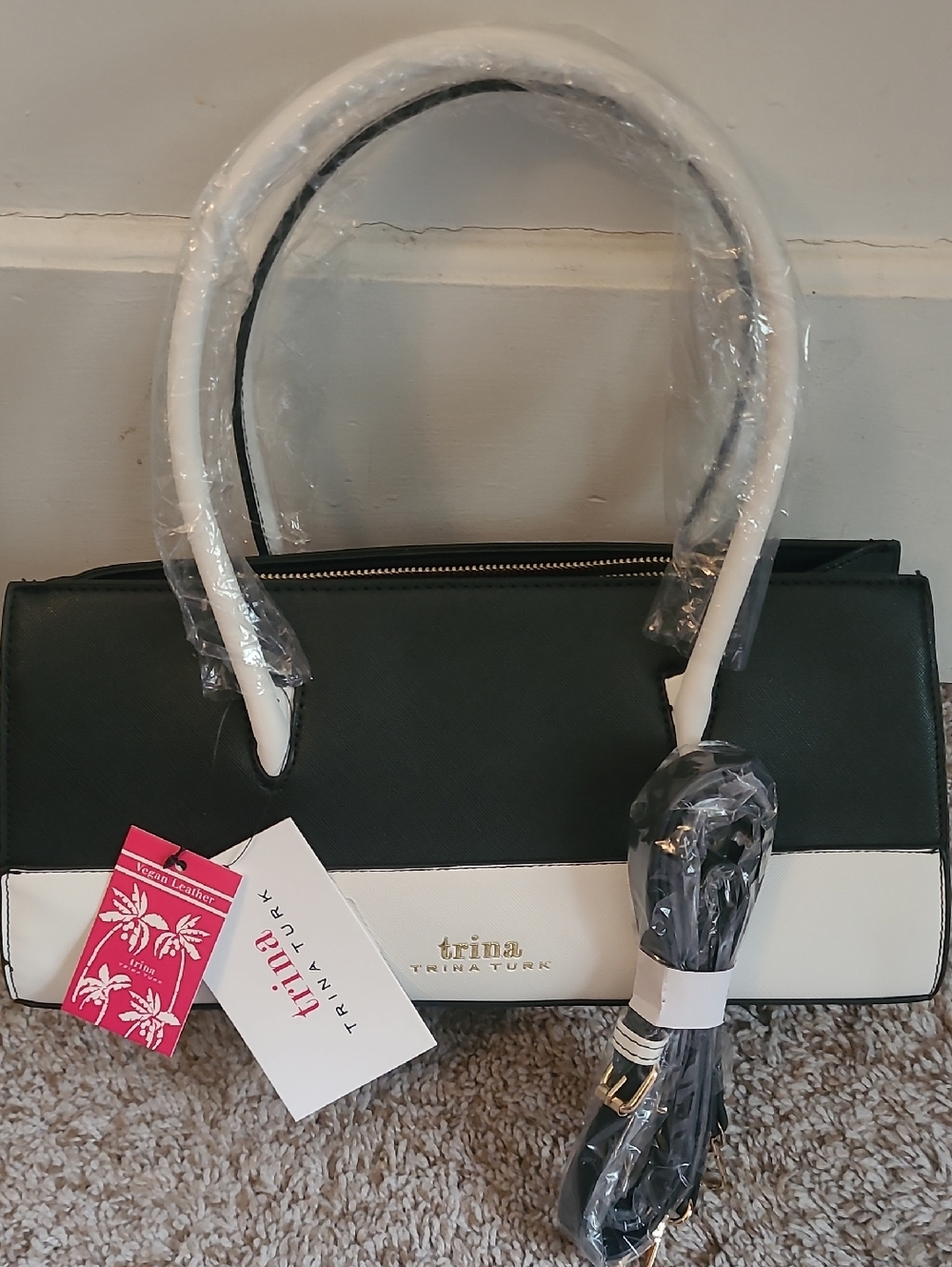 Trina Turk Black and White Structured Satchel with Top Handles And Strap